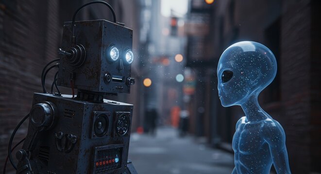 AI Robot vs Alien, AI, Robots and androids. AI Taking over the world, the concept of confrontation between humanity and artificial intelligence, alien invasion