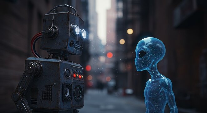 AI Robot vs Alien, AI, Robots and androids. AI Taking over the world, the concept of confrontation between humanity and artificial intelligence, alien invasion