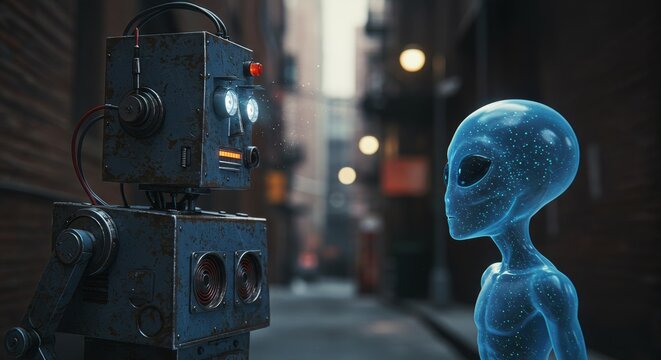 AI Robot vs Alien, AI, Robots and androids. AI Taking over the world, the concept of confrontation between humanity and artificial intelligence, alien invasion
