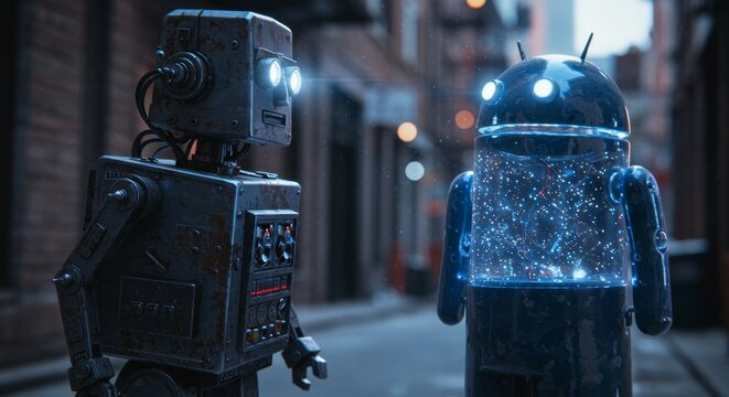 AI Robot vs Alien, AI, Robots and androids. AI Taking over the world, the concept of confrontation between humanity and artificial intelligence, alien invasion