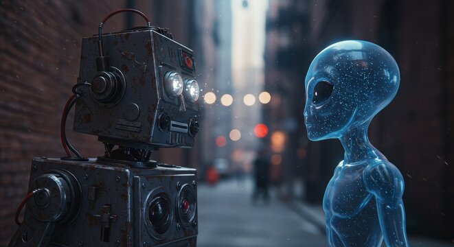 AI Robot vs Alien, AI, Robots and androids. AI Taking over the world, the concept of confrontation between humanity and artificial intelligence, alien invasion