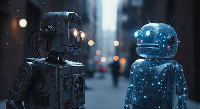 AI Robot vs Alien, AI, Robots and androids. AI Taking over the world, the concept of confrontation between humanity and artificial intelligence, alien invasion