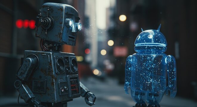 AI Robot vs Alien, AI, Robots and androids. AI Taking over the world, the concept of confrontation between humanity and artificial intelligence, alien invasion