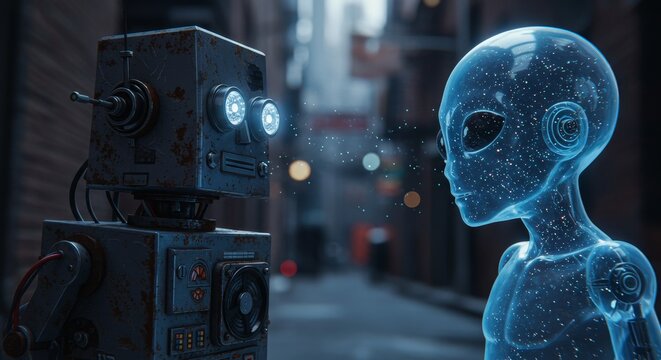 AI Robot vs Alien, AI, Robots and androids. AI Taking over the world, the concept of confrontation between humanity and artificial intelligence, alien invasion