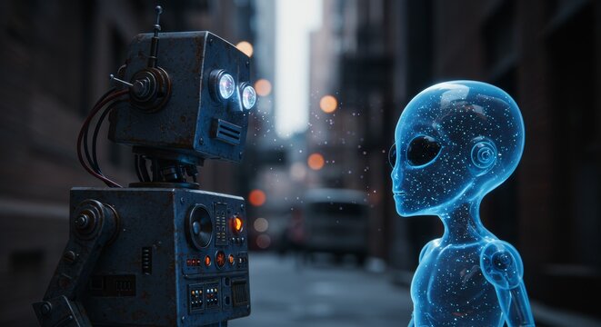 AI Robot vs Alien, AI, Robots and androids. AI Taking over the world, the concept of confrontation between humanity and artificial intelligence, alien invasion