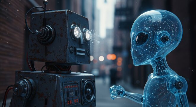 AI Robot vs Alien, AI, Robots and androids. AI Taking over the world, the concept of confrontation between humanity and artificial intelligence, alien invasion