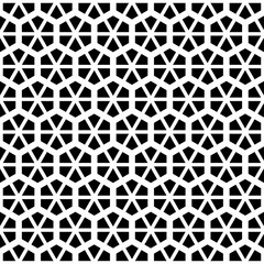 Seamless black and white geometric pattern, consisting of simple geometric shapes arranged repeatedly to form a hexagon pattern. Suitable for backgrounds, wallpapers, textiles, prints, etc.