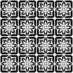 Seamless black and white geometric pattern, consisting of repeating symmetrical floral shapes. Suitable for backgrounds, wallpapers, textile designs, prints, decorative projects, etc.