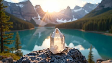 Serene sunrise illuminates a crystal clear quartz point, perched atop a rock overlooking a tranquil mountain lake. Breathtaking!