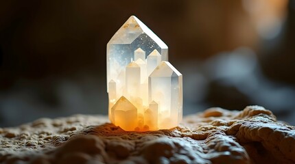 Illuminated Crystal City: A miniature metropolis nestled within a translucent quartz geode, glowing with an ethereal light, rests on a textured rock.