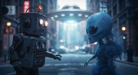 AI Robot vs Alien, AI, Robots and androids. AI Taking over the world, the concept of confrontation between humanity and artificial intelligence, alien invasion