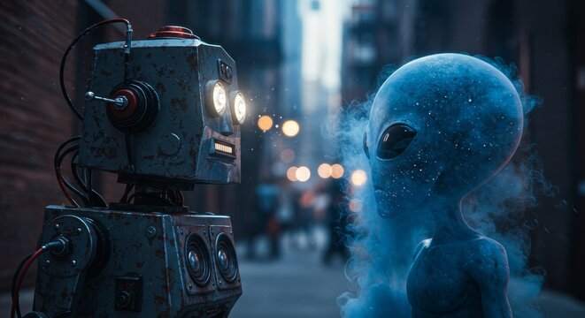 AI Robot vs Alien, AI, Robots and androids. AI Taking over the world, the concept of confrontation between humanity and artificial intelligence, alien invasion