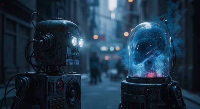 AI Robot vs Alien, AI, Robots and androids. AI Taking over the world, the concept of confrontation between humanity and artificial intelligence, alien invasion