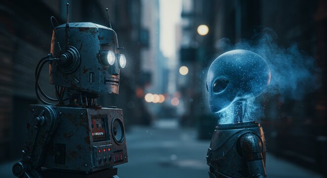 AI Robot vs Alien, AI, Robots and androids. AI Taking over the world, the concept of confrontation between humanity and artificial intelligence, alien invasion