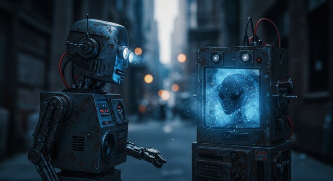 AI Robot vs Alien, AI, Robots and androids. AI Taking over the world, the concept of confrontation between humanity and artificial intelligence, alien invasion
