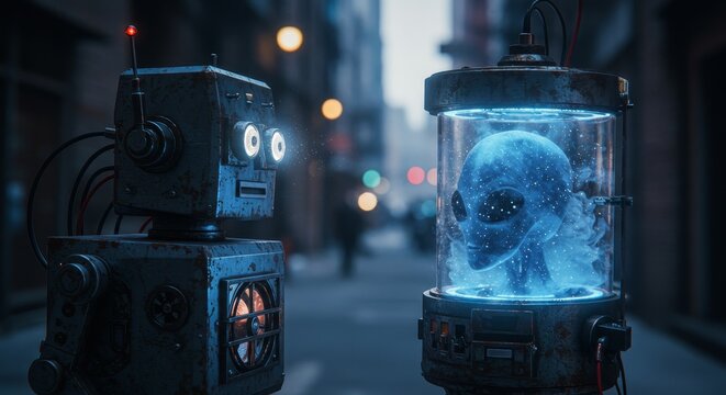 AI Robot vs Alien, AI, Robots and androids. AI Taking over the world, the concept of confrontation between humanity and artificial intelligence, alien invasion