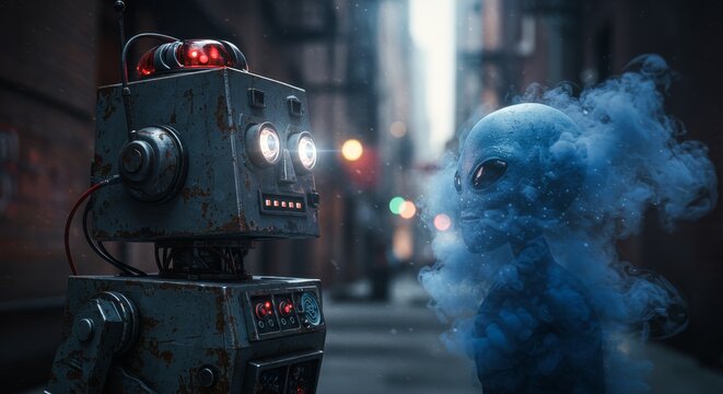 AI Robot vs Alien, AI, Robots and androids. AI Taking over the world, the concept of confrontation between humanity and artificial intelligence, alien invasion