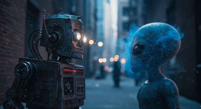 AI Robot vs Alien, AI, Robots and androids. AI Taking over the world, the concept of confrontation between humanity and artificial intelligence, alien invasion