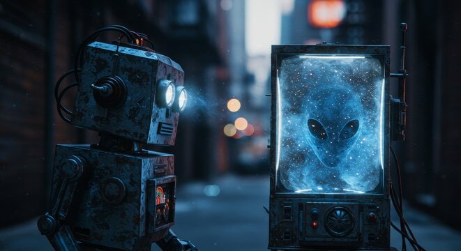 AI Robot vs Alien, AI, Robots and androids. AI Taking over the world, the concept of confrontation between humanity and artificial intelligence, alien invasion