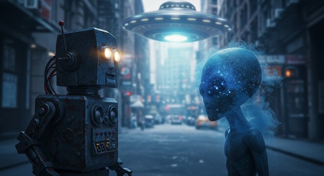 AI Robot vs Alien, AI, Robots and androids. AI Taking over the world, the concept of confrontation between humanity and artificial intelligence, alien invasion