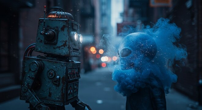 AI Robot vs Alien, AI, Robots and androids. AI Taking over the world, the concept of confrontation between humanity and artificial intelligence, alien invasion