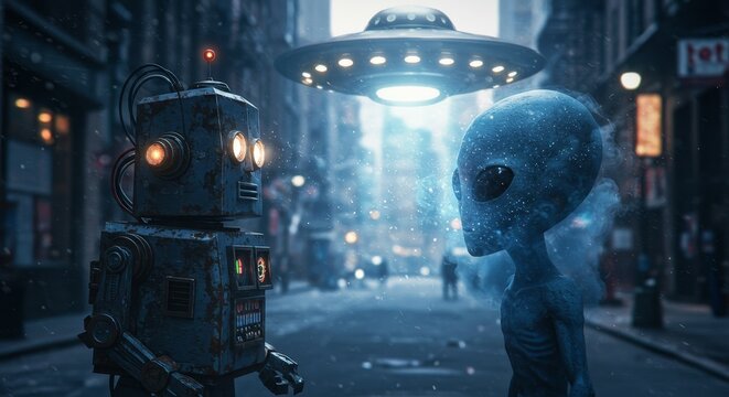 AI Robot vs Alien, AI, Robots and androids. AI Taking over the world, the concept of confrontation between humanity and artificial intelligence, alien invasion