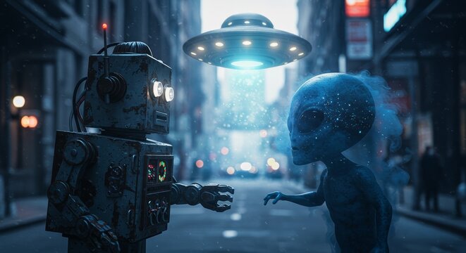 AI Robot vs Alien, AI, Robots and androids. AI Taking over the world, the concept of confrontation between humanity and artificial intelligence, alien invasion