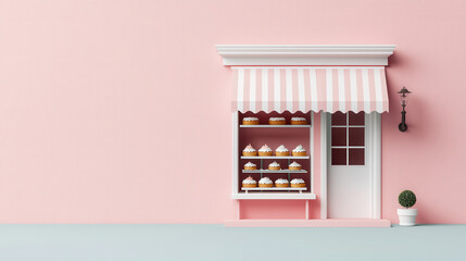 whimsical bakery storefront with pink facade, striped awning, and display of cupcakes. charming design evokes cheerful atmosphere, perfect for dessert lovers