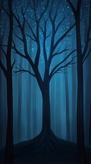 Obraz premium A mystical tree stands tall in a dark, blue-hued forest under a starry night sky.