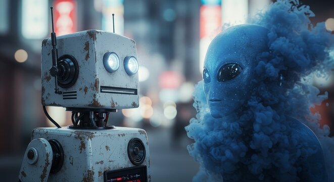 AI Robot vs Alien, AI, Robots and androids. AI Taking over the world, the concept of confrontation between humanity and artificial intelligence, alien invasion
