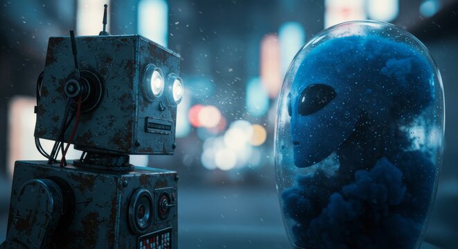 AI Robot vs Alien, AI, Robots and androids. AI Taking over the world, the concept of confrontation between humanity and artificial intelligence, alien invasion