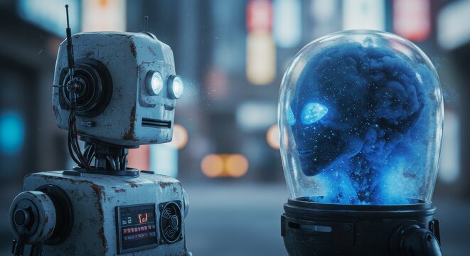 AI Robot vs Alien, AI, Robots and androids. AI Taking over the world, the concept of confrontation between humanity and artificial intelligence, alien invasion