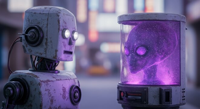 AI Robot vs Alien, AI, Robots and androids. AI Taking over the world, the concept of confrontation between humanity and artificial intelligence, alien invasion