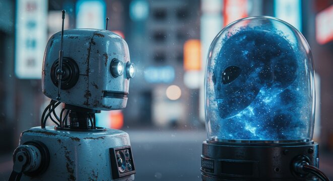 AI Robot vs Alien, AI, Robots and androids. AI Taking over the world, the concept of confrontation between humanity and artificial intelligence, alien invasion