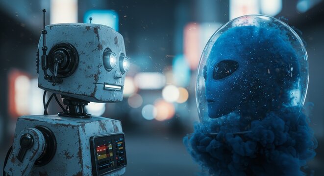 AI Robot vs Alien, AI, Robots and androids. AI Taking over the world, the concept of confrontation between humanity and artificial intelligence, alien invasion