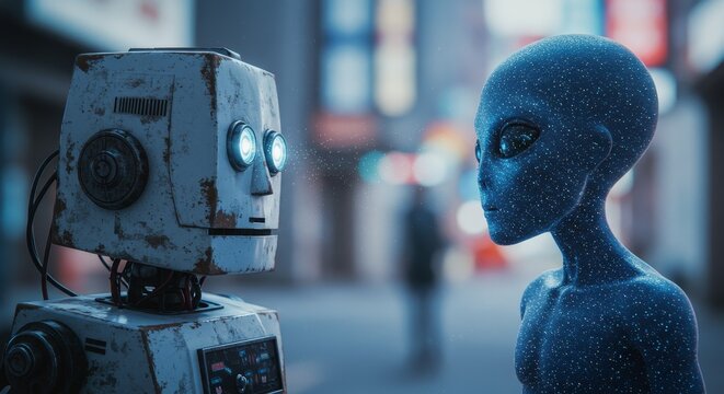 AI Robot vs Alien, AI, Robots and androids. AI Taking over the world, the concept of confrontation between humanity and artificial intelligence, alien invasion