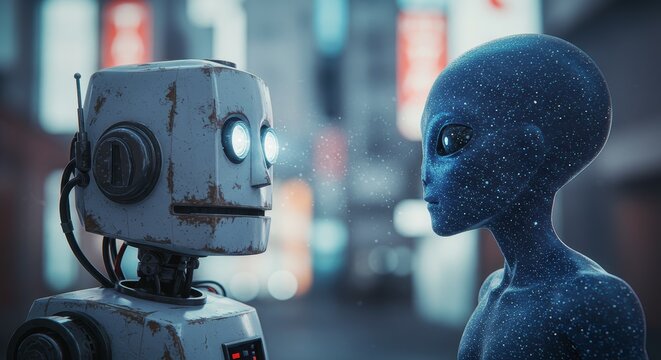 AI Robot vs Alien, AI, Robots and androids. AI Taking over the world, the concept of confrontation between humanity and artificial intelligence, alien invasion