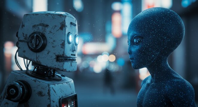 AI Robot vs Alien, AI, Robots and androids. AI Taking over the world, the concept of confrontation between humanity and artificial intelligence, alien invasion