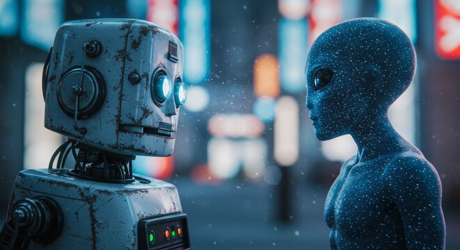 AI Robot vs Alien, AI, Robots and androids. AI Taking over the world, the concept of confrontation between humanity and artificial intelligence, alien invasion