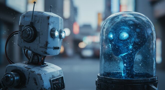 AI Robot vs Alien, AI, Robots and androids. AI Taking over the world, the concept of confrontation between humanity and artificial intelligence, alien invasion