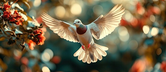 White dove in flight near red flowers.