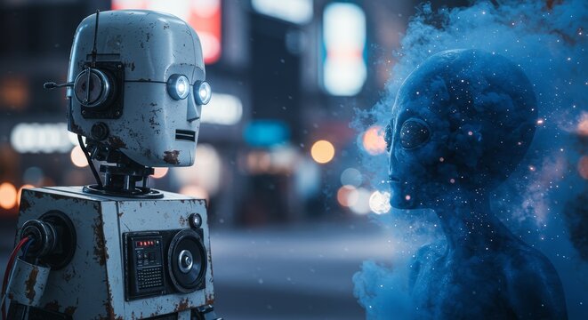 AI Robot vs Alien, AI, Robots and androids. AI Taking over the world, the concept of confrontation between humanity and artificial intelligence, alien invasion