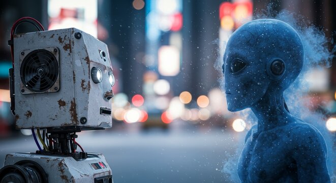 AI Robot vs Alien, AI, Robots and androids. AI Taking over the world, the concept of confrontation between humanity and artificial intelligence, alien invasion