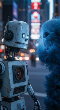 AI Robot vs Alien, AI, Robots and androids. AI Taking over the world, the concept of confrontation between humanity and artificial intelligence, alien invasion