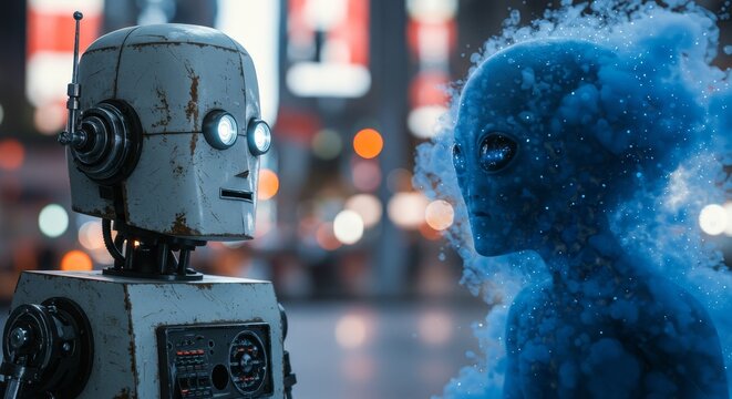 AI Robot vs Alien, AI, Robots and androids. AI Taking over the world, the concept of confrontation between humanity and artificial intelligence, alien invasion