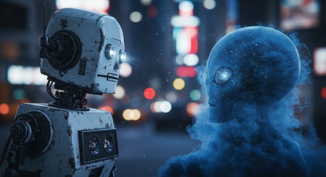 AI Robot vs Alien, AI, Robots and androids. AI Taking over the world, the concept of confrontation between humanity and artificial intelligence, alien invasion