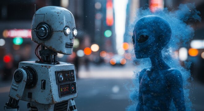 AI Robot vs Alien, AI, Robots and androids. AI Taking over the world, the concept of confrontation between humanity and artificial intelligence, alien invasion