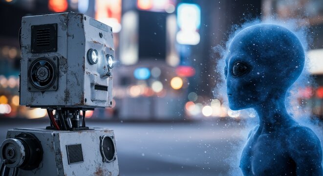 AI Robot vs Alien, AI, Robots and androids. AI Taking over the world, the concept of confrontation between humanity and artificial intelligence, alien invasion