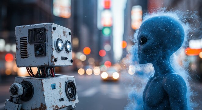 AI Robot vs Alien, AI, Robots and androids. AI Taking over the world, the concept of confrontation between humanity and artificial intelligence, alien invasion