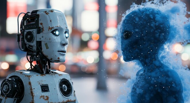 AI Robot vs Alien, AI, Robots and androids. AI Taking over the world, the concept of confrontation between humanity and artificial intelligence, alien invasion